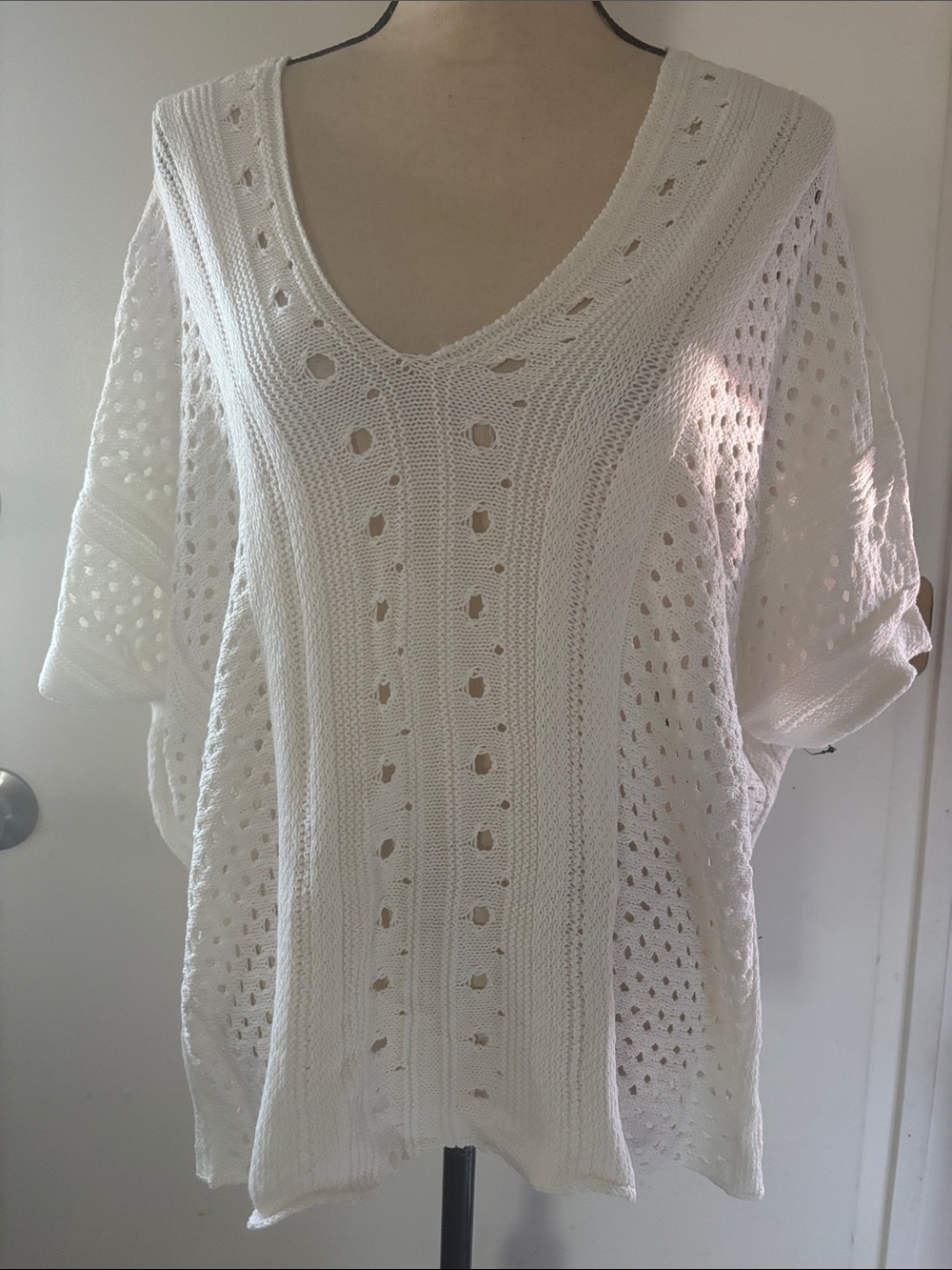 Absolutely White V-Neck Open Knit poncho cover up Sweater